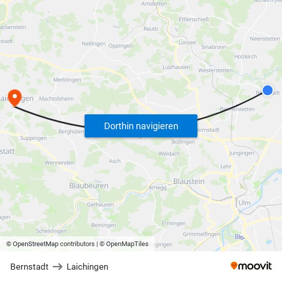 Bernstadt to Laichingen map