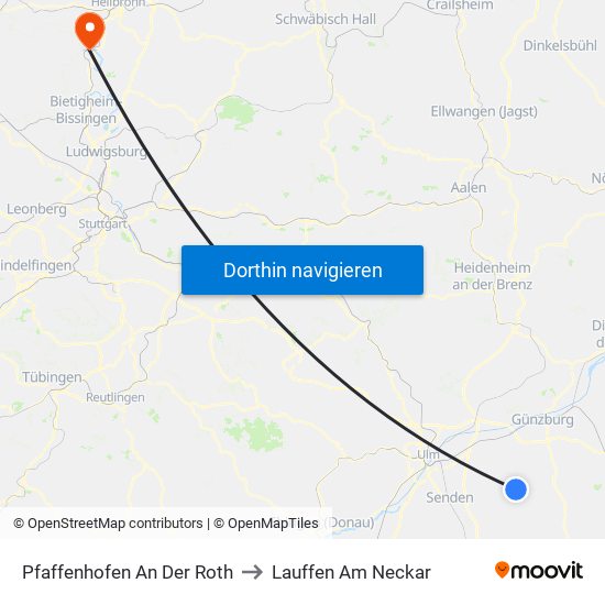 Pfaffenhofen An Der Roth to Lauffen Am Neckar map