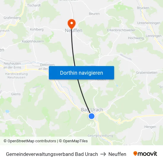 Gemeindeverwaltungsverband Bad Urach to Neuffen map