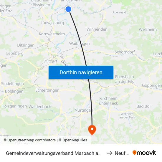 Gemeindeverwaltungsverband Marbach am Neckar to Neuffen map
