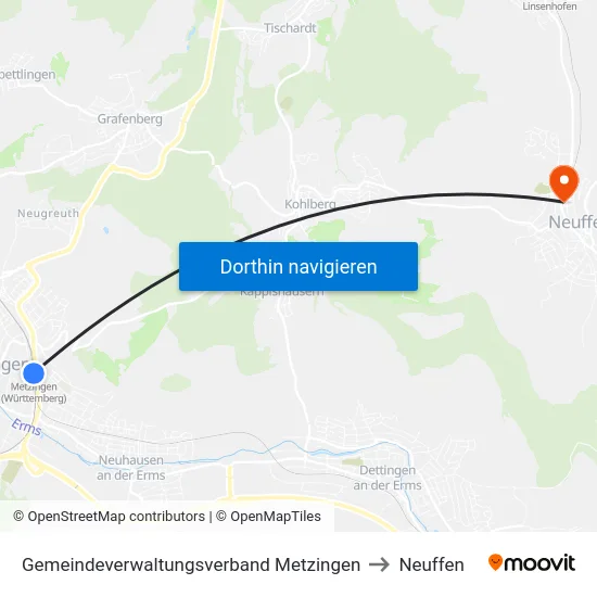 Gemeindeverwaltungsverband Metzingen to Neuffen map