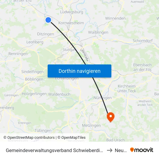 Gemeindeverwaltungsverband Schwieberdingen-Hemmingen to Neuffen map