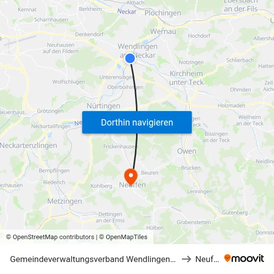 Gemeindeverwaltungsverband Wendlingen am Neckar to Neuffen map