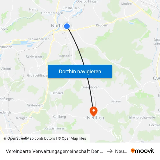 Vereinbarte Verwaltungsgemeinschaft Der Stadt Nürtingen to Neuffen map