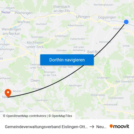 Gemeindeverwaltungsverband Eislingen-Ottenbach-Salach to Neuffen map