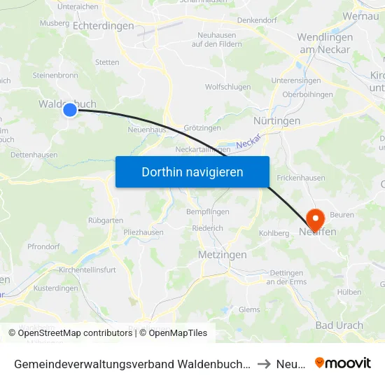 Gemeindeverwaltungsverband Waldenbuch/Steinenbronn to Neuffen map