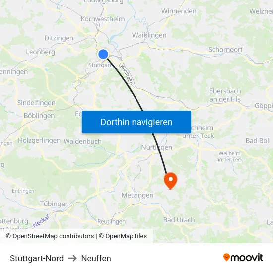 Stuttgart-Nord to Neuffen map