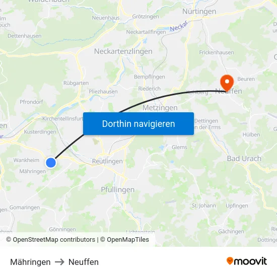 Mähringen to Neuffen map
