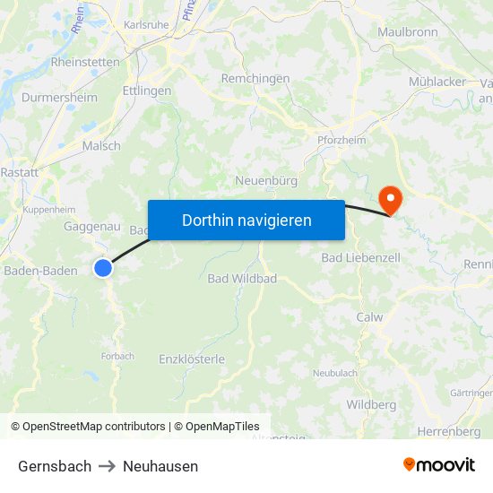 Gernsbach to Neuhausen map