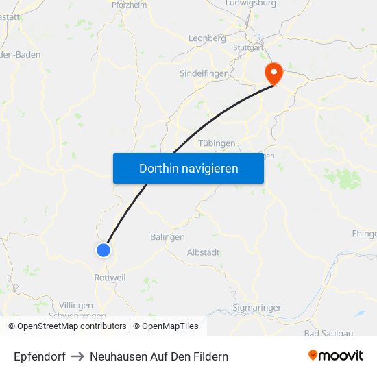 Epfendorf to Neuhausen Auf Den Fildern map