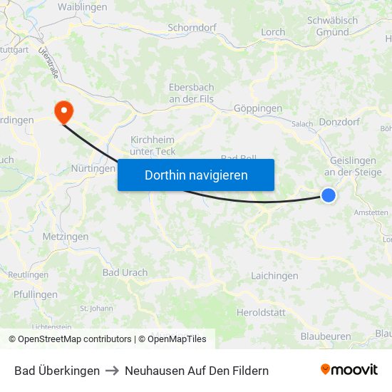 Bad Überkingen to Neuhausen Auf Den Fildern map
