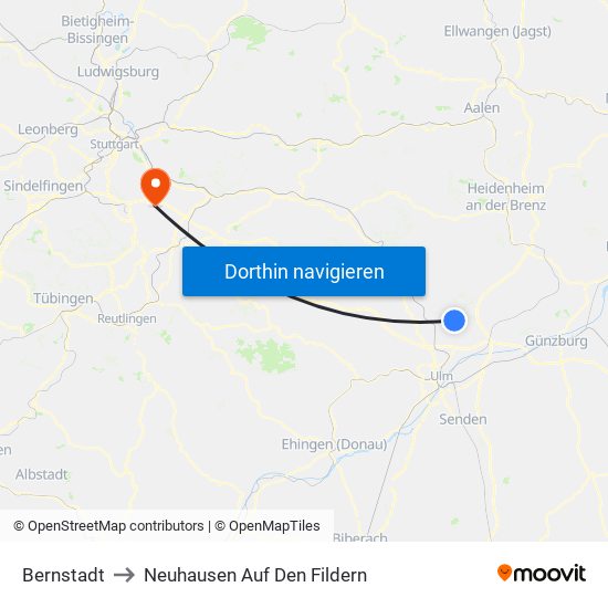 Bernstadt to Neuhausen Auf Den Fildern map