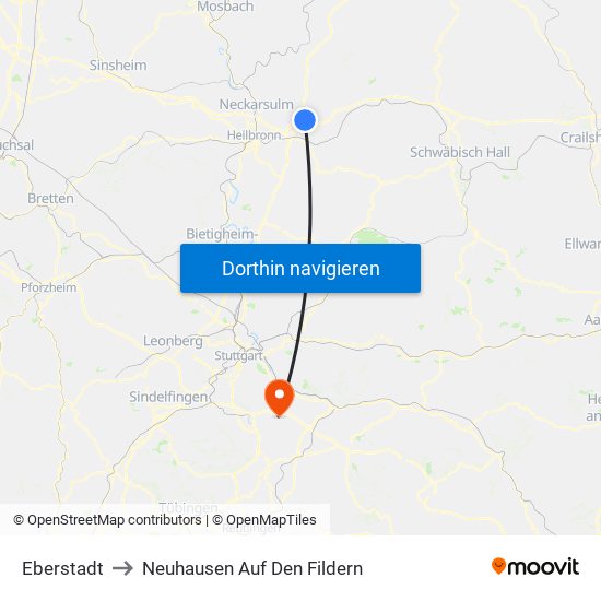 Eberstadt to Neuhausen Auf Den Fildern map