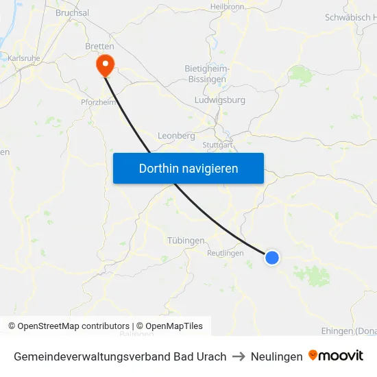 Gemeindeverwaltungsverband Bad Urach to Neulingen map