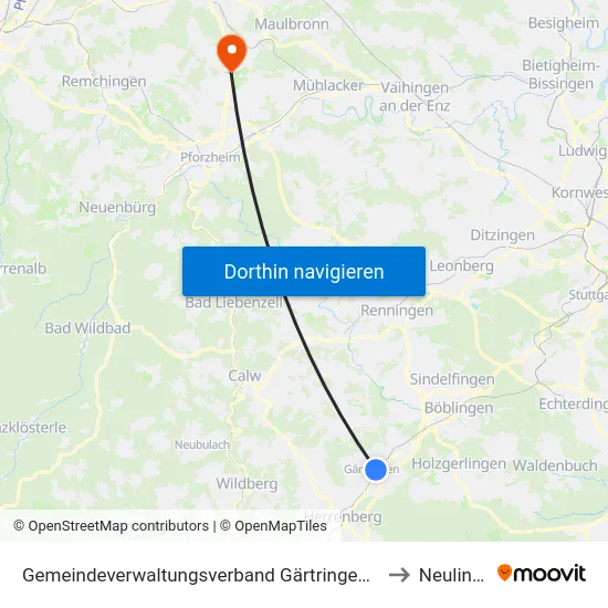 Gemeindeverwaltungsverband Gärtringen/Ehningen to Neulingen map