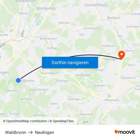 Waldbronn to Neulingen map