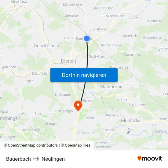 Bauerbach to Neulingen map