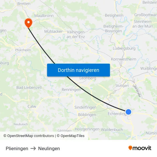 Plieningen to Neulingen map