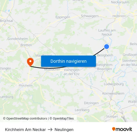 Kirchheim Am Neckar to Neulingen map