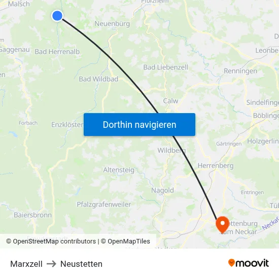 Marxzell to Neustetten map