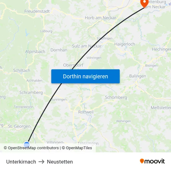 Unterkirnach to Neustetten map