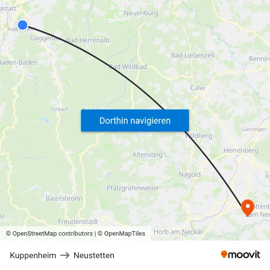 Kuppenheim to Neustetten map