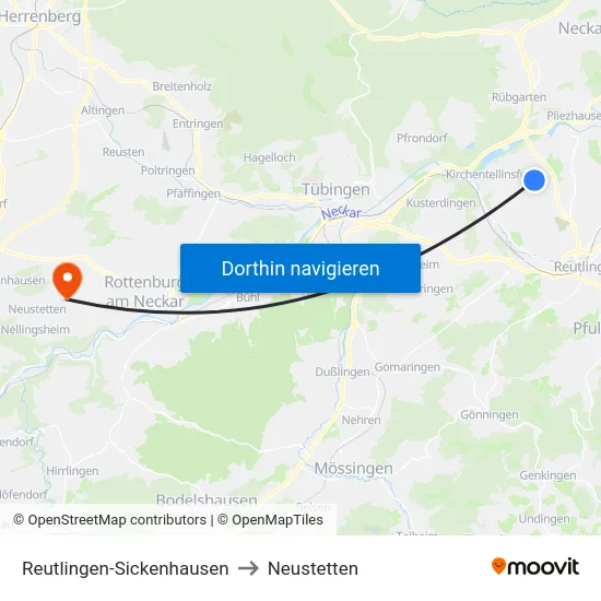 Reutlingen-Sickenhausen to Neustetten map