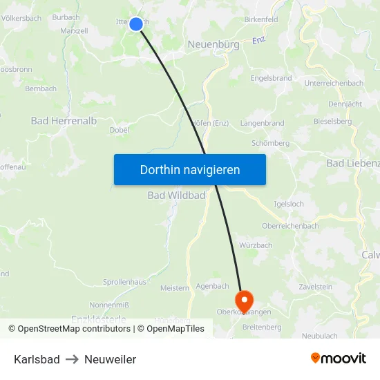 Karlsbad to Neuweiler map
