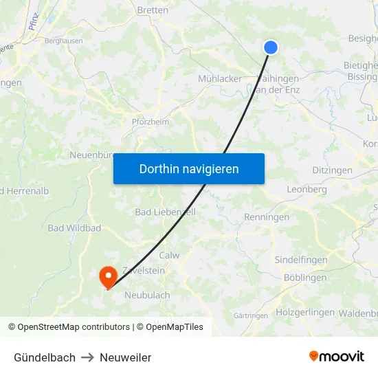 Gündelbach to Neuweiler map