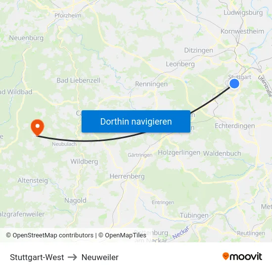 Stuttgart-West to Neuweiler map