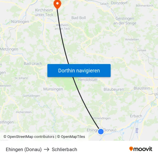Ehingen (Donau) to Schlierbach map