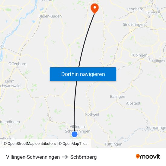 Villingen-Schwenningen to Schömberg map