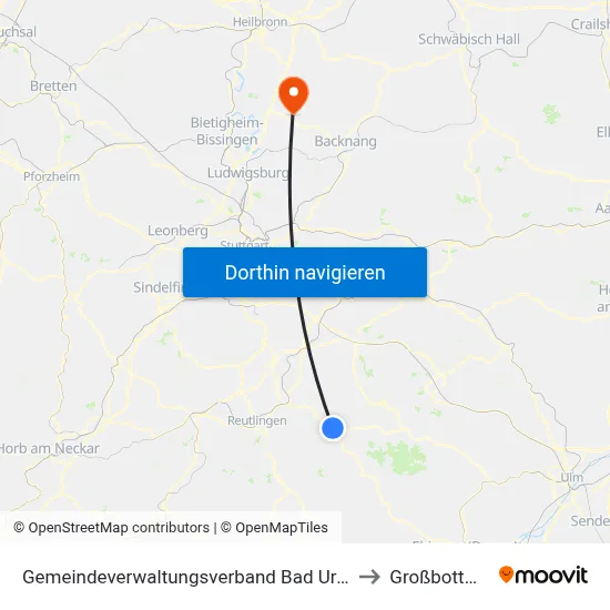 Gemeindeverwaltungsverband Bad Urach to Großbottwar map