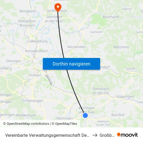 Vereinbarte Verwaltungsgemeinschaft Der Stadt Kirchheim Unter Teck to Großbottwar map