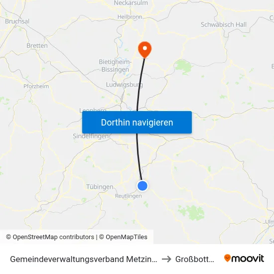 Gemeindeverwaltungsverband Metzingen to Großbottwar map