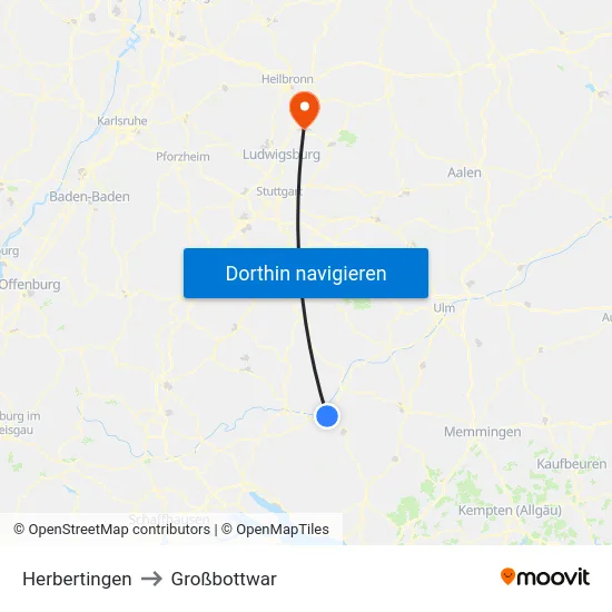 Herbertingen to Großbottwar map