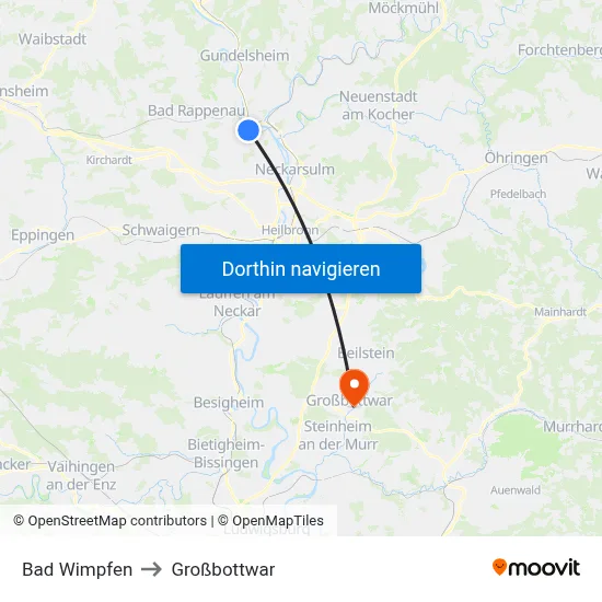 Bad Wimpfen to Großbottwar map