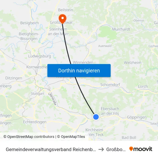 Gemeindeverwaltungsverband Reichenbach An Der Fils to Großbottwar map