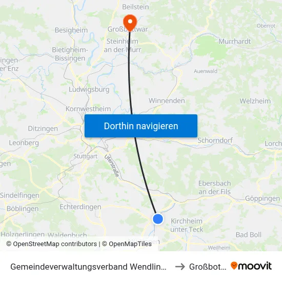Gemeindeverwaltungsverband Wendlingen am Neckar to Großbottwar map