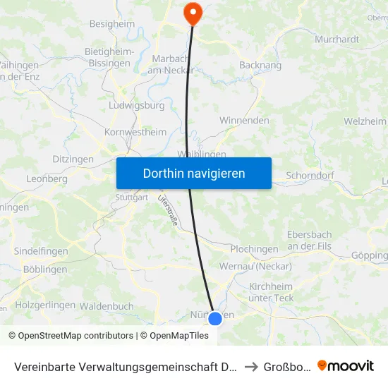 Vereinbarte Verwaltungsgemeinschaft Der Stadt Nürtingen to Großbottwar map
