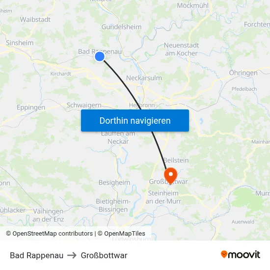Bad Rappenau to Großbottwar map