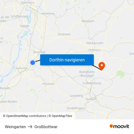 Weingarten to Großbottwar map