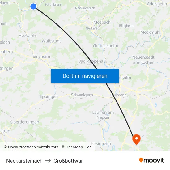 Neckarsteinach to Großbottwar map