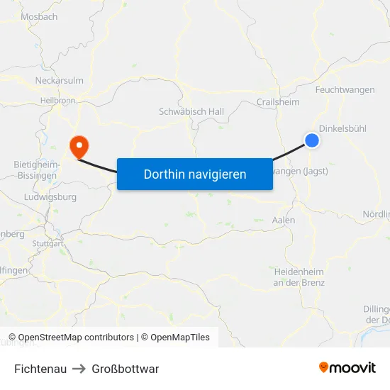 Fichtenau to Großbottwar map