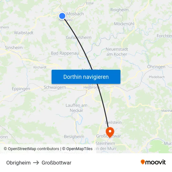 Obrigheim to Großbottwar map
