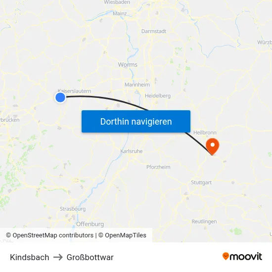 Kindsbach to Großbottwar map