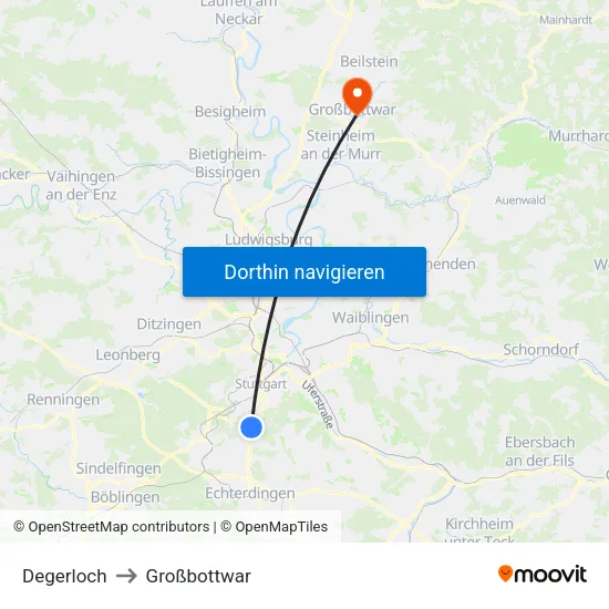 Degerloch to Großbottwar map