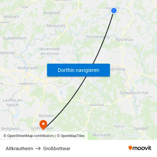 Altkrautheim to Großbottwar map