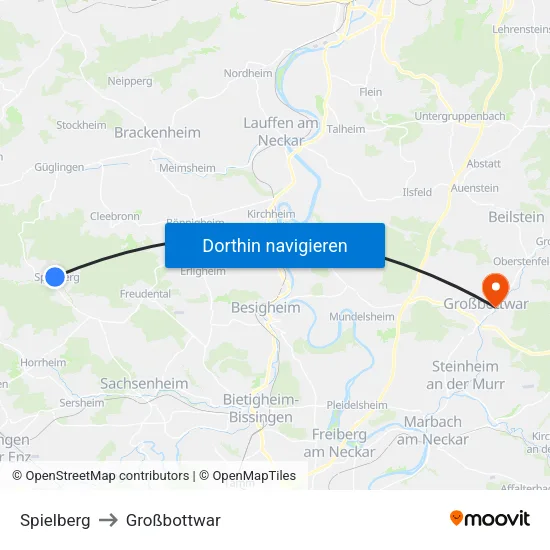Spielberg to Großbottwar map