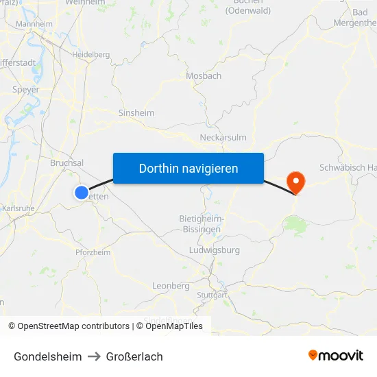 Gondelsheim to Großerlach map